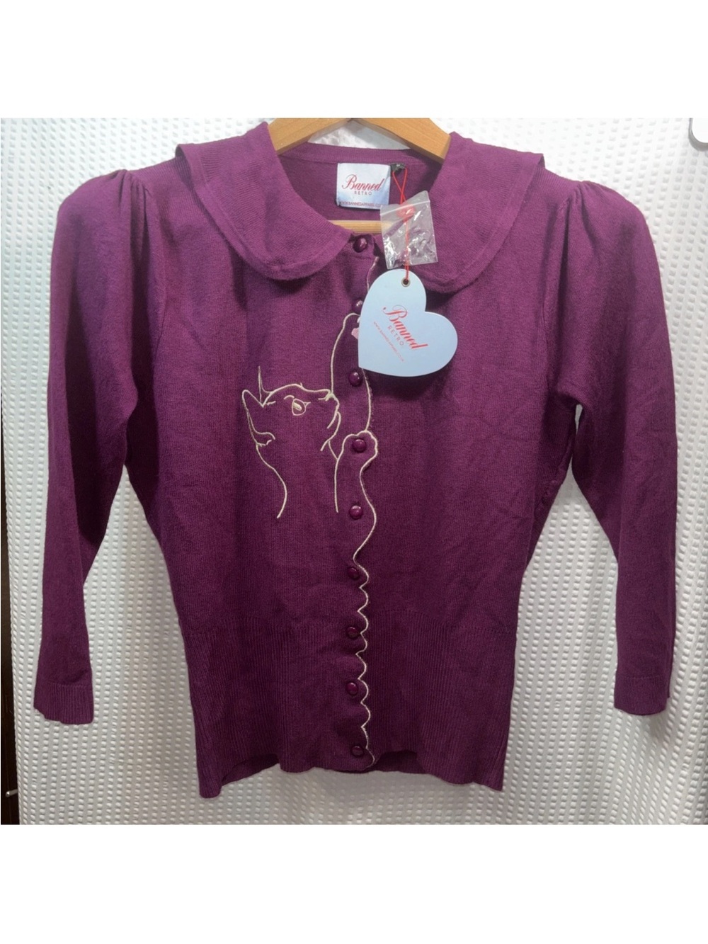 NWT Banned Apparel Cat Scallop Collar Cardigan -Burgundy Sz Small